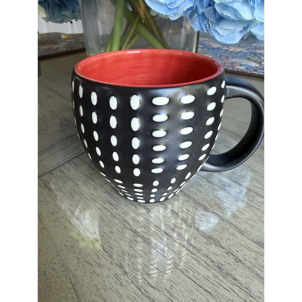 Starbucks 2008 Coffee Cup Mug Bone China 12oz Red Black White Raised Polka Dots